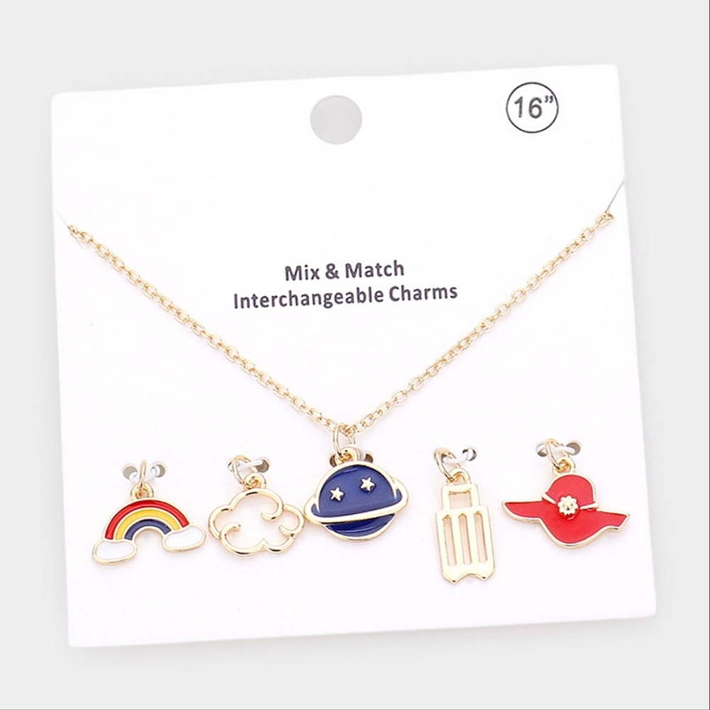 Interchangeable Gold Pendant Necklace Space Rainbow Hat Cute Charm Set